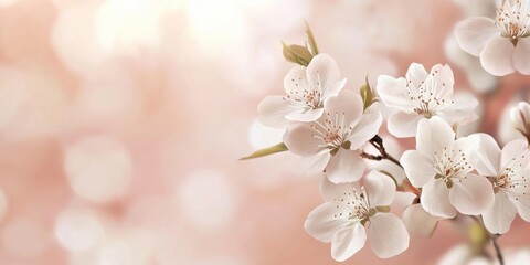 Obraz premium Cherry blossom branches feature stunning white flowers blooming against a soft pink backdrop, capturing the beauty of springtime nature and renewal
