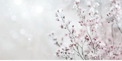 Naklejka premium Soft white and pink flowers bloom gently, creating a peaceful ambiance with a blurred background of sparkling light during early springtime
