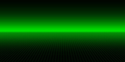 Glowing cyber grid digital banner. Green black gradient wireframe net background. Futuristic perspective of cyberspace and metaverse. 