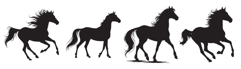 Collection of black horse silhouettes vector illustration on white background