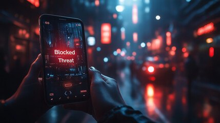Minimalist phone screen with a warning "Blocked Threat" glowing brightly, secure lock icon. Bright lighting, contrast