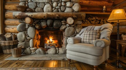 A rustic living room featuring a large stone fireplace with a wooden mantel