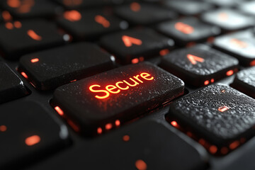 Keyboard with a glowing key labeled "Secure", minimalistic white background. Bright lighting, contrast