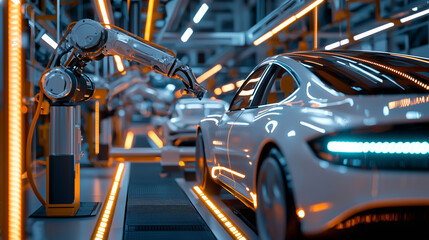 Fototapeta premium Robotic Arms Assembling Electric Vehicles in Advanced Factory