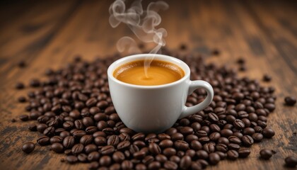 Obraz premium dark brown cup of roasted coffee beans and espresso on a white saucer