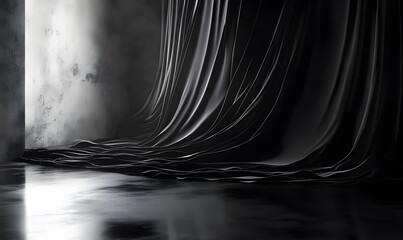 Abstract Black Fabric Drapes Over a Reflective Surface in a Minimalist Setting
