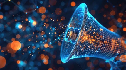 Digital illustration of a megaphone made out of blue and red glowing lines and dots
