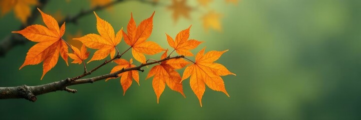 Naklejka premium A sprawling branch with curled maple leaves and golden hues against a muted green background, maple branch, tree, brown