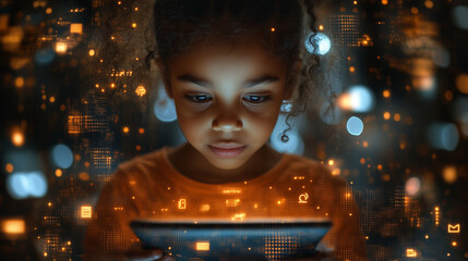 Child holding a tablet, surrounded by glowing safe surfing icons. Bright lighting, contrast
