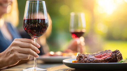 Enjoying delicious steak and red wine at outdoor table, surrounded by nature beauty. warm sunlight enhances dining experience, creating perfect moment
