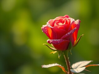 Fototapeta premium Single Red Rose with Dew Drops in Garden