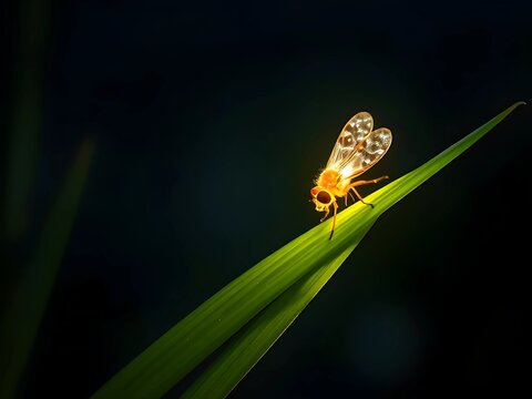 Tiny Insect with Patterned Wings on Green Blade of Grass