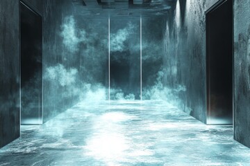 Obraz premium Mysterious Foggy Corridor With Two Dark Doors