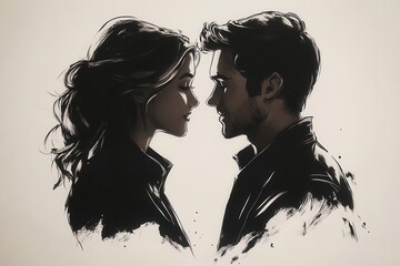 playful cartoon-style drawing of a couple in profile, capturing the essence of love through thick black lines against a clean white background, evoking warmth and connection