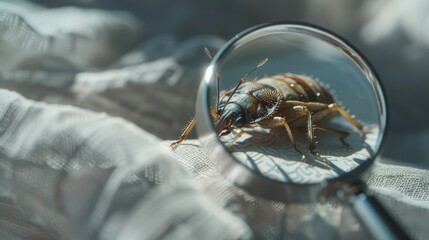 A close-up shot of a bed bug magnified through a handheld magnifying glass placed on a white