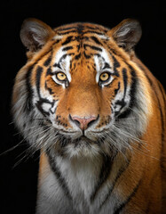 Fototapeta premium Retrato de la cara de un tigre de bengala mirando de frente sobre fondo negro