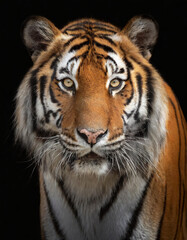 Fototapeta premium Retrato de la cara de un tigre de bengala mirando de frente sobre fondo negro