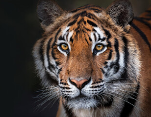 Fototapeta premium Retrato de la cara de un tigre de bengala mirando de frente sobre fondo negro