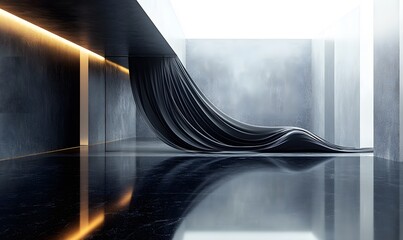 Elegant dark fabric draped in a modern minimalist architectural space with lighting