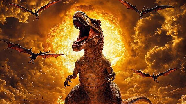 A dramatic dinosaur scene with a fiery background and flying creatures.
