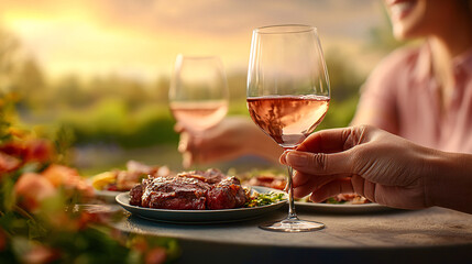 Enjoying sunset dinner with friends, featuring wine glasses and delicious food. warm atmosphere creates joyful and relaxed vibe for perfect evening