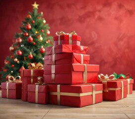 Obraz premium A stack of red Christmas gift boxes with a festive holiday background, colorful presents, stack of red boxes
