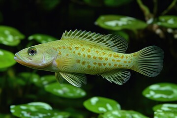 Obraz premium A Green Spotted Fish Swims Among Aquatic Plants
