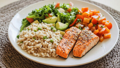 Delicious grilled salmon with pearl barley, green salad and roasted vegetables completing a healthy meal