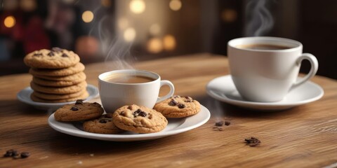 A steaming cup of coffee on a wooden table next to a plate of freshly baked cookies, warmth, morning