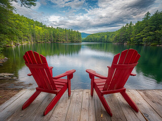 Lakefront View with Red Adirondack Chairs