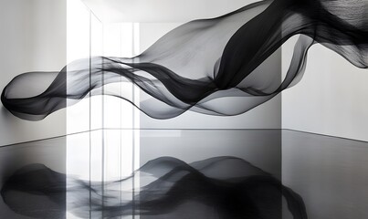 Abstract flowing black fabric suspended in a white room with reflective floor creating a dynamic visual composition