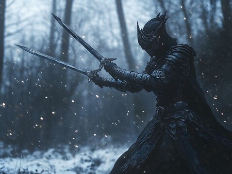 A dark elf warrior with twin swords in a shady forest