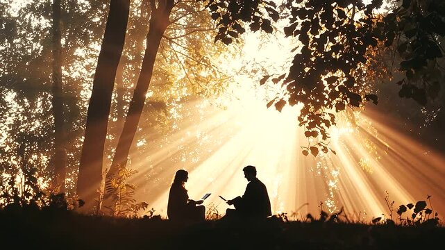 Tarot Reader in Forest Guiding Spiritual Journey with Sunlight