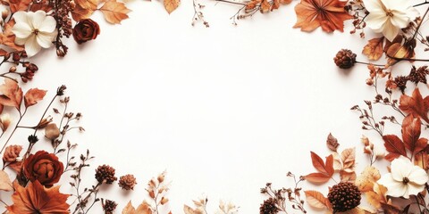 A beautiful layout showcases a variety of dried autumn leaves and flowers, creating an elegant frame that emphasizes seasonal colors and textures