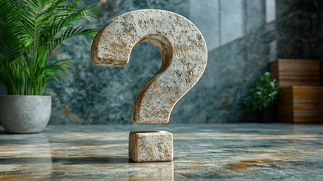 A textured stone question mark stands on a reflective surface in a modern space.