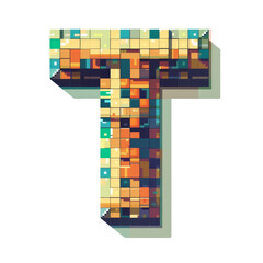 Letter T digital pixel font, voxel font 8-bit pixel art, isolated white background.