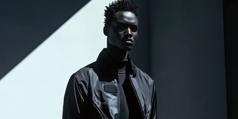 A model stands confidently in a sleek black outfit, surrounded by bold geometric shapes and shadows in an urban environment during sunset
