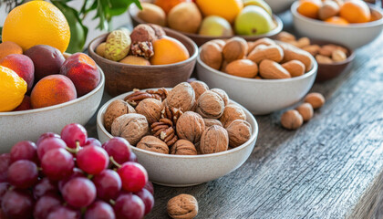 Walnuts, fruits and nuts laid out on rustic table promoting healthy eating