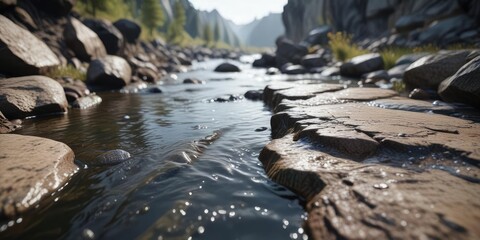 A stream of water flowing over a smooth rock surface, streaming water, water movement