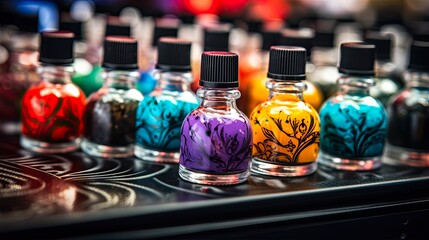 Tattoo Ink Set Close Up: Bold Colors of Tattooed Skin with Selective Focus and Shallow DOF