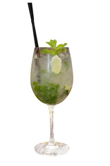 alcoholic drink with lemon and mint in a glass on a transparent background, close-up, png