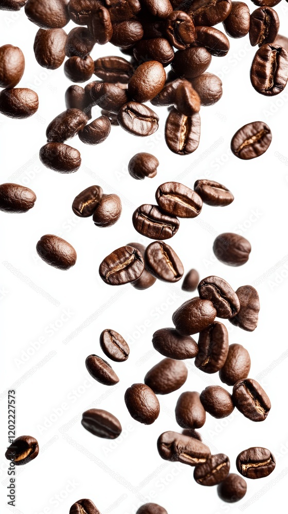 Poster roasted coffee beans are falling against a white background, creating a dynamic visual suitable for 