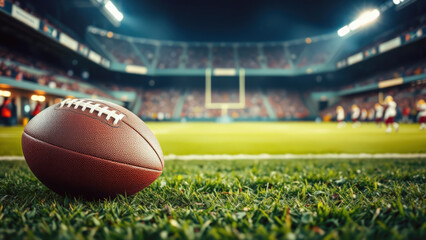 American Football auf einem Spielfeld mit Mannschaft im Hintergrund