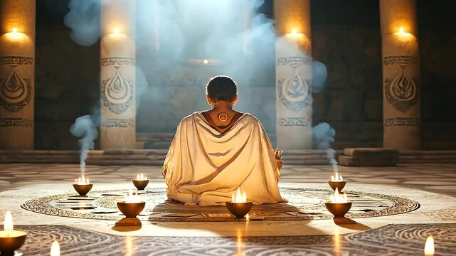 Tarot Reader with Mystical Altar and Moon Symbols