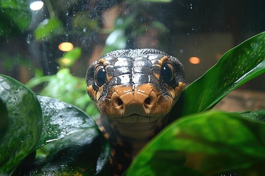 A reticulated python peers through lush green foliage