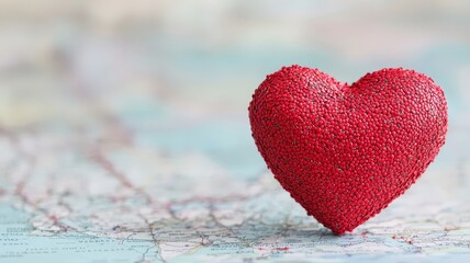 Fototapeta premium Valentine's Day and DIY gifts concept. Red glitter heart on a soft-focus map background, symbolizing love and travel.