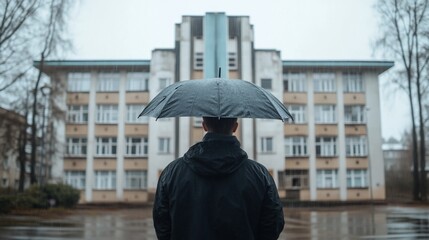 Fototapeta premium Man with umbrella facing building, rainy day