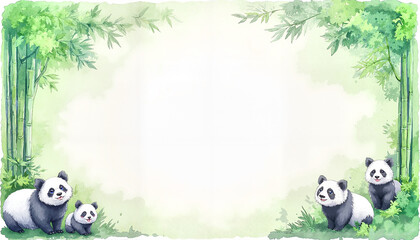 Fototapeta premium Watercolor pandas in bamboo forest with soft green tones leaving space for text