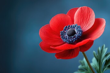A Single Red Anemone Flower Against A Blue Background