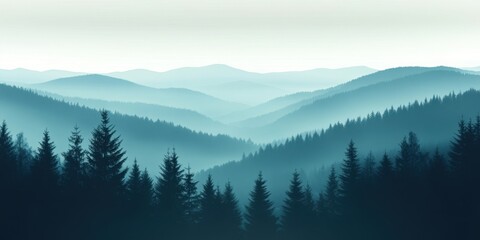 Obraz premium A serene view of layered mountains shrouded in mist, framed by evergreen trees in a tranquil early morning setting